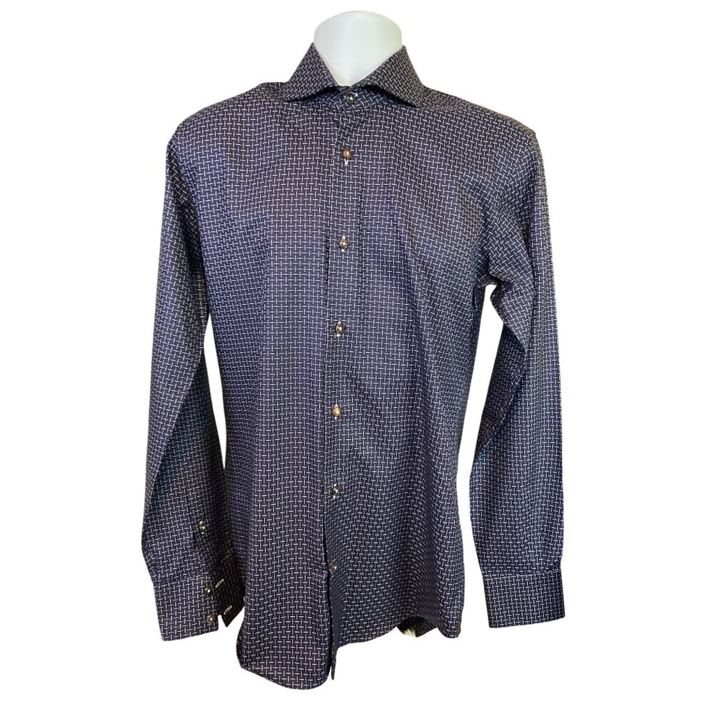 Circle of Gentlemen Shirt 38/15 Navy Geometric Pattern Slim Fit Dress Shirt Luxe